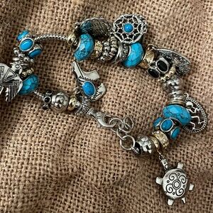 Turquoise and Silver tone Charm Bracelet